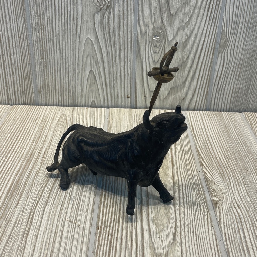 Vintage Cast Iron Spanish Bull Figurine w/ Toledo Sword Letter Opener *Condition